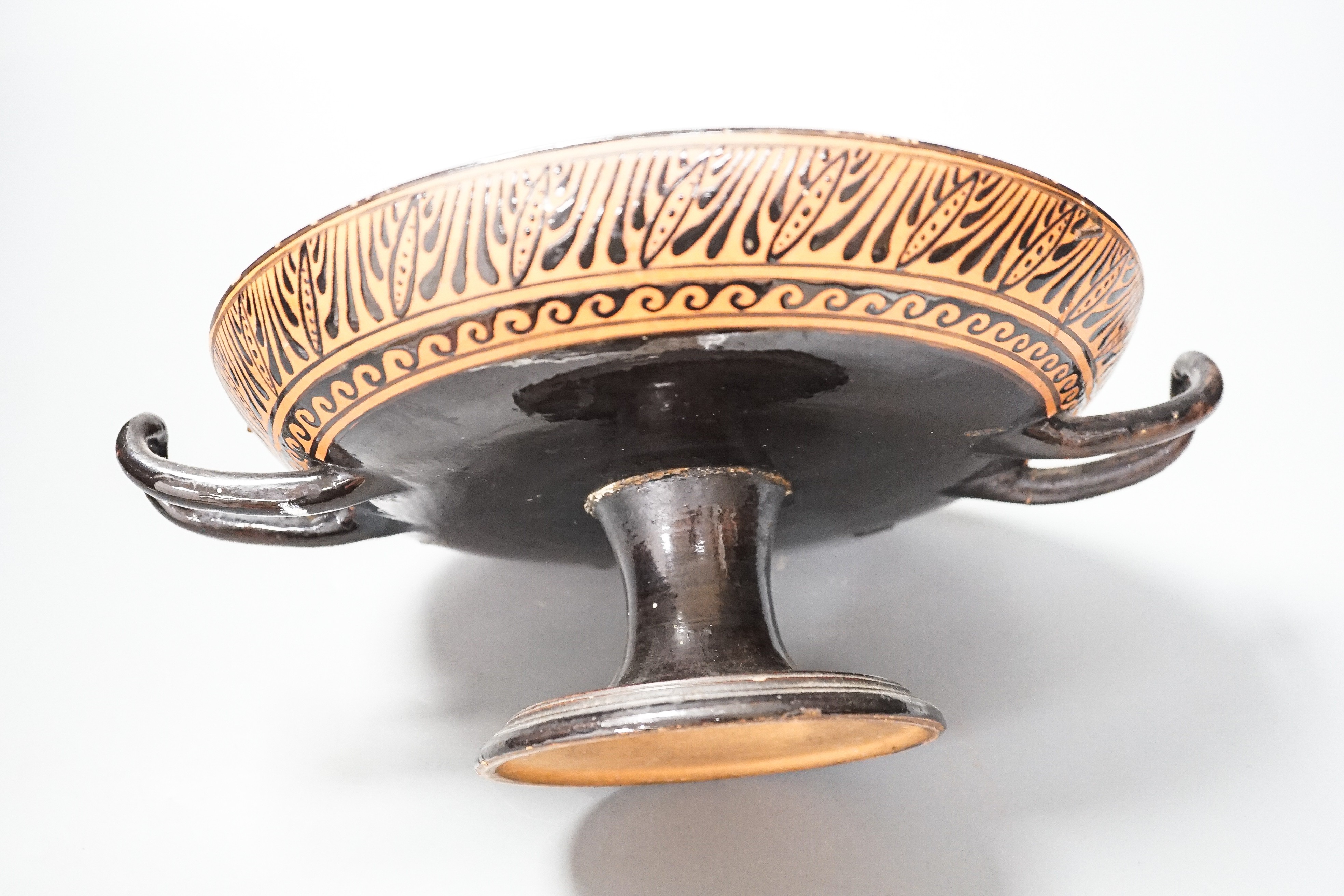 A Greek attic style kylix, a 19th century reproduction, 28cm, repairs